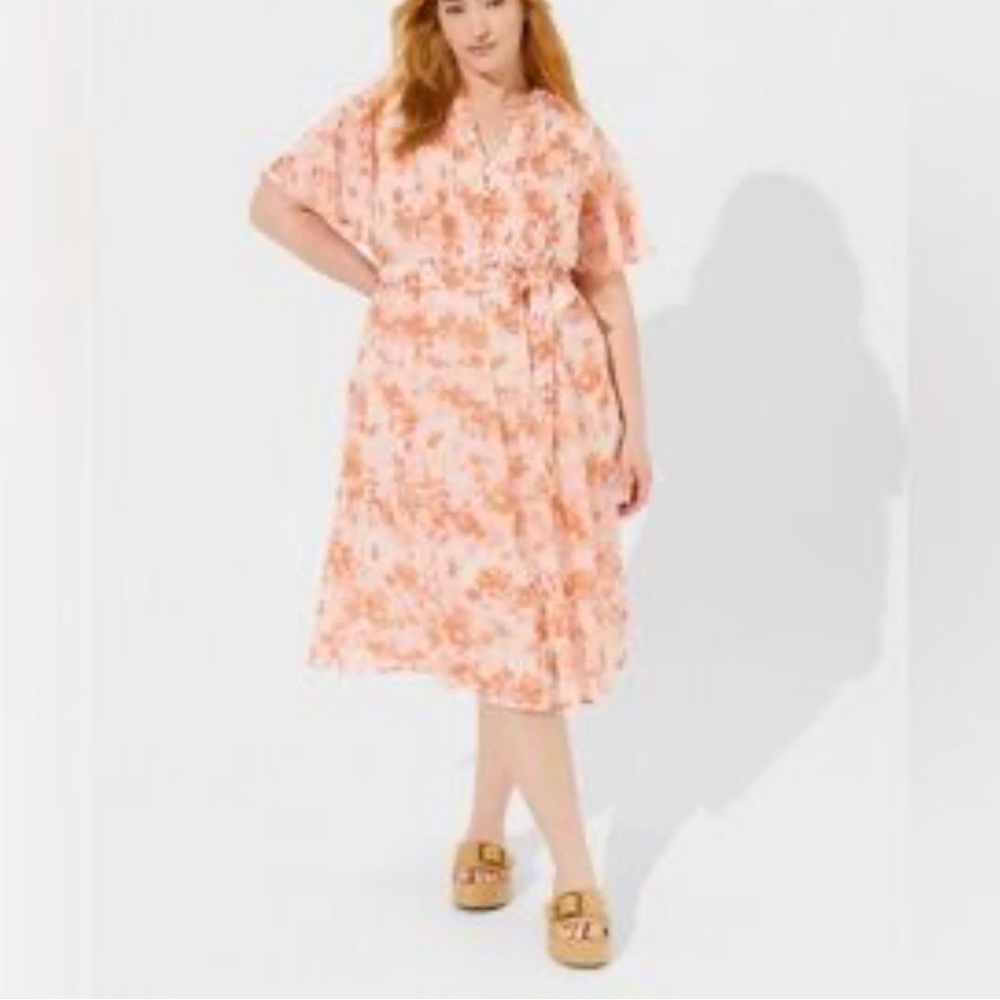torrid Peach Floral Tie-Waist Midi Dress